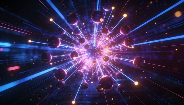 Radiating neon core emitting radial beams with glowing spheres and particle trails