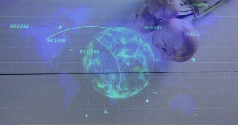Rotating polygonal globe hud projecting neon metrics over world grid with purple bulbs
