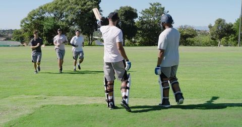 Cricket batsman raising bat while teammates running to celebrate on sunlit pitch