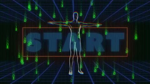 Futuristic Display of Silhouette and Binary Code with Start Symbol