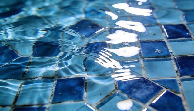 Rippling pool water revealing blue mosaic tiles with sunlit caustics and reflections