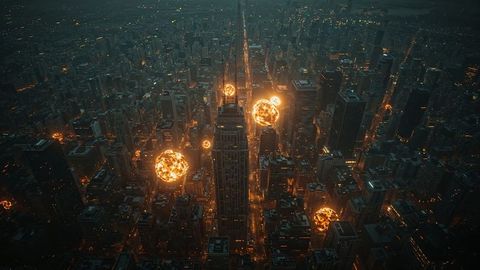 Futuristic glowing orbs above airstrikes cityscape at dusk