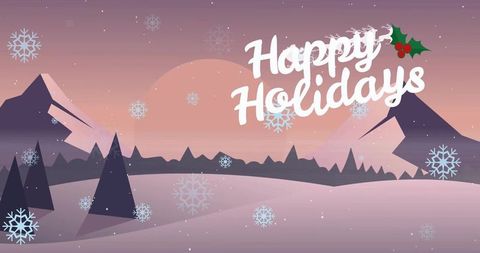 Displaying happy holidays lettering over pastel winter mountain landscape with falling snow