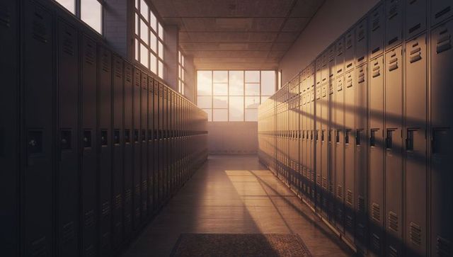Empty school corridor bathing in natural light