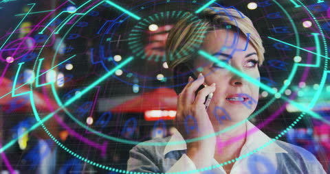 Businesswoman Engaged in Conversation with Futuristic Neon Interface