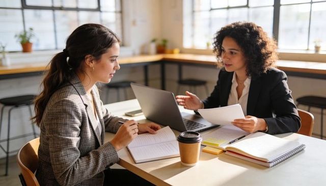 Professional women collaborating over documents at bright coworking workspace