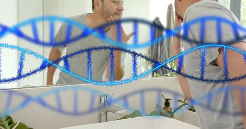 Asian man checking facial skin in mirror with dna helix overlay for personalized skincare