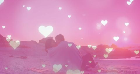 Romantic Couple at Beach Surrounded by Heart Overlays - Download Free Stock Images Pikwizard.com