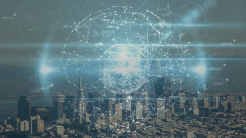 Digital Globe of Connections Overlaying Urban Cityscape