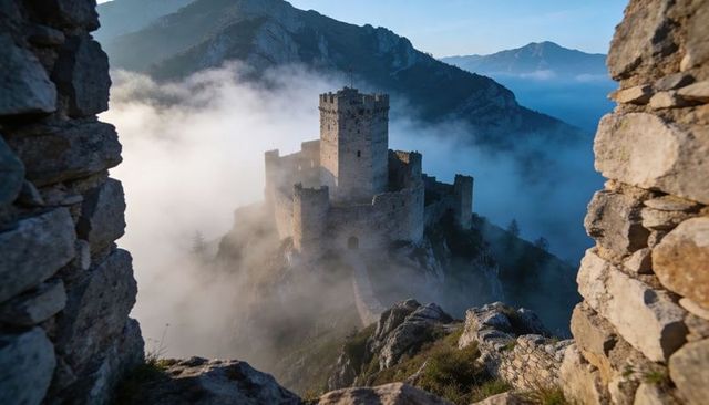Mountain castle rising through morning mist on cliffside fortress at sunrise