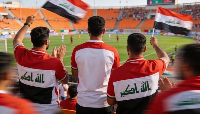 Iraqi football fans cheering and waving flags in stadium wearing red jerseys