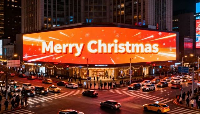 Merry christmas billboard lighting nighttime urban crossing with crowds and holiday lights