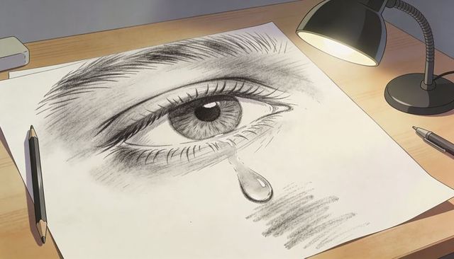 Sketching realistic graphite eye with tear on wooden desk with pencils and lamp