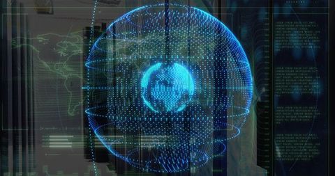 Rotating Blue Digital Globe Emitting Data Streams above Server Racks with Futuristic HUD