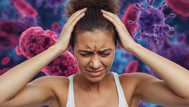 Stressed Woman with Anxiety Amidst Floating Virus Illusions