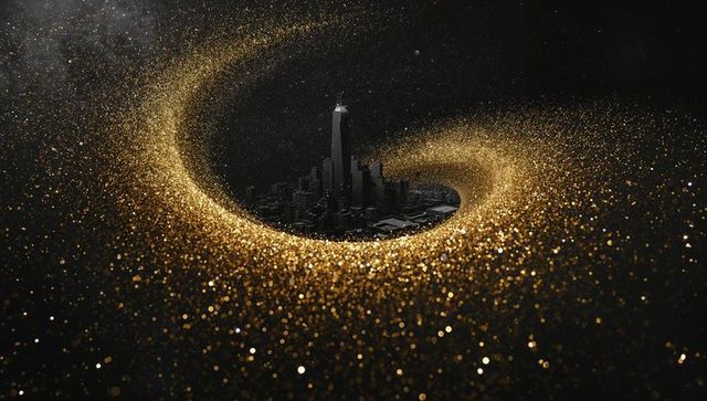Dark metropolis spiraling inside golden vortex with towering spire rising from void