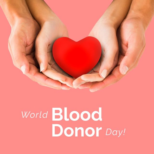 This image features hands holding a red heart with text 'World Blood Donor Day!' highlighted on a pink background. It can be used to promote awareness and support blood donation campaigns, health drives, and charity events. It emphasizes the significance of giving blood and saving lives.