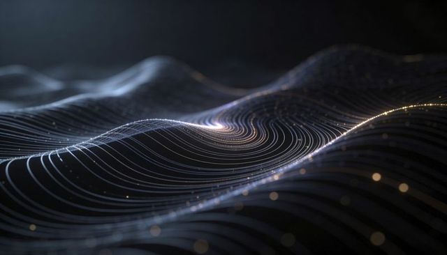 Futuristic Luminous Wireframe Wave with Spiral Vortex and Particle Trails, Abstract Tech