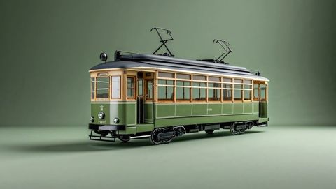 Vintage green tram car from trieste, italy in studio setting