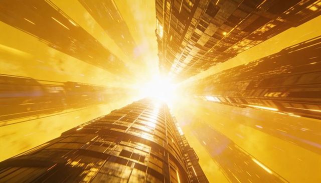 Soaring futuristic glass towers catching blinding golden sunlight with dramatic lens flare