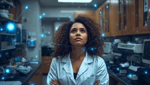 A young scientist in a lab coat is standing with arms crossed in a modern laboratory with a digital network overlay. This visual represents innovation, technological advancement, and the integration of data analysis in research fields. Suitable for content on scientific innovation, lab research, AI integration in laboratories, or the impact of technology in modern science.