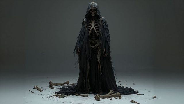 Eerie hooded skeleton in tattered cloak on white floor