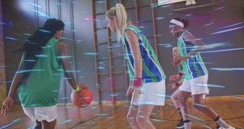 Intense indoor basketball game action among female athletes