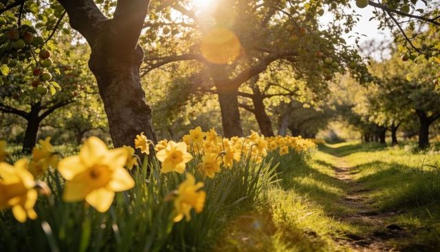 Daffodils blooming along sunlit apple orchard path in golden morning light
