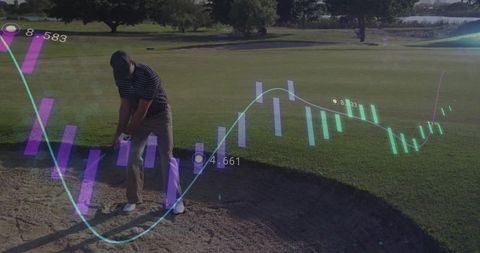 Golfer practicing bunker shot with data technology overlap