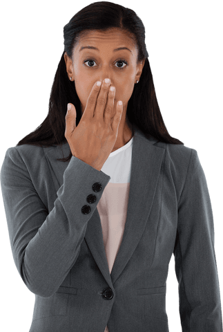 Transparent Surprised Businesswoman Covering Mouth, Expressing Shock