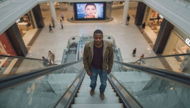 Man ascending escalator in modern shopping mall atrium with digital billboard display