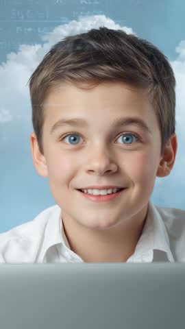 Boy smiling and leaning toward laptop during online learning, vertical close-up with cloud backdrop
