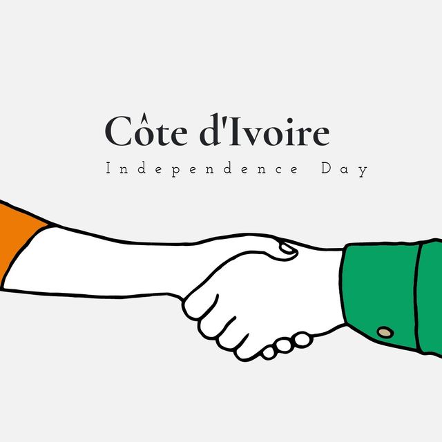 Illustration of cropped hands giving handshake and cote divoire independence day text, copy space. white background, vector, togetherness, patriotism, celebration, freedom and identity concept.