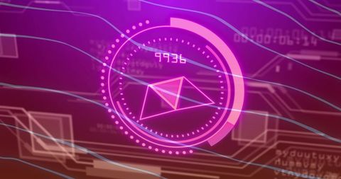 Neon holographic hud with pulsing circular interface, envelope glyph and numeric readouts