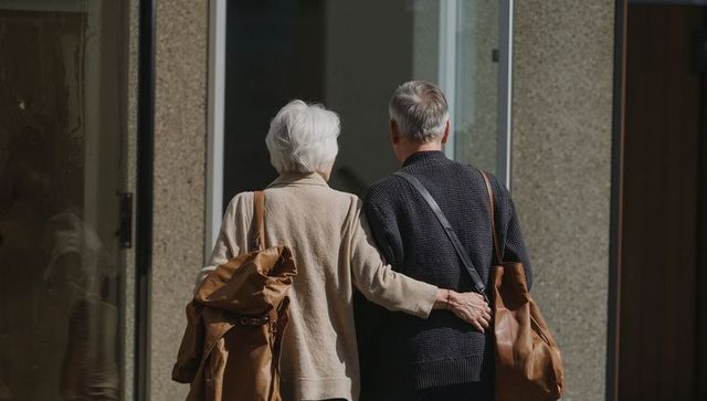 Senior couple walking arm in arm carrying brown satchels on sunlit urban casual stroll
