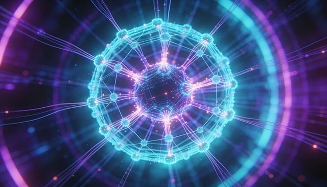 Neon network showing glowing spherical lattice, energy streams, futuristic neural grid