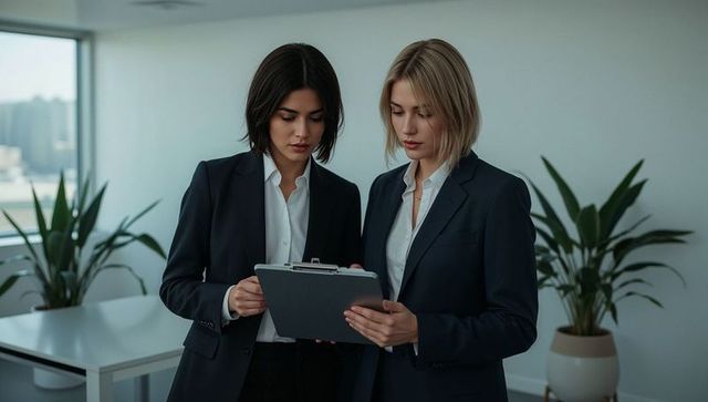 Businesswomen reviewing clipboard in modern office with natural light and plants