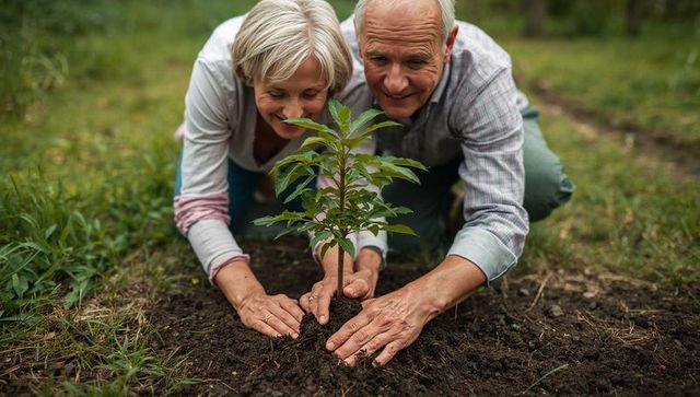 Senior couple planting young tree together kneeling in garden showing wedding rings and smiling