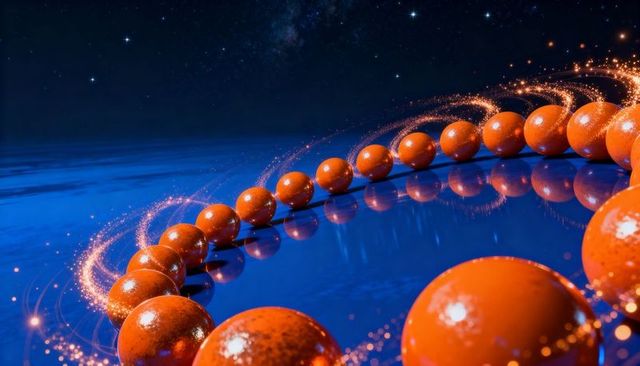 Glowing orange spheres arcing on deep blue reflective surface with sparkling trails