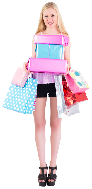 Transparent Background - Young Blonde Woman Holding Shopping Bags and Gift Boxes - Download Free Stock Videos Pikwizard.com