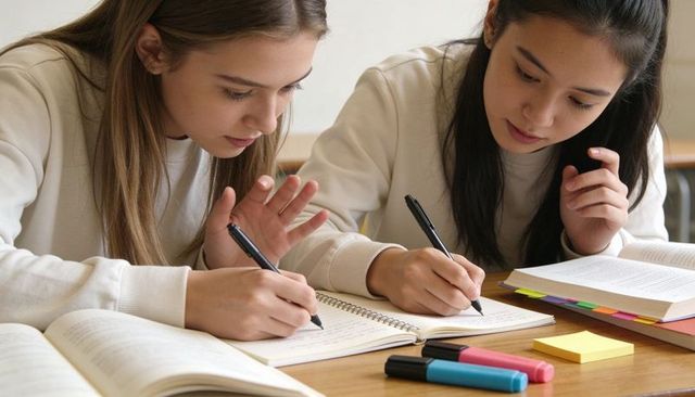 Focused teenage students collaborating on notes and exam prep at classroom desk with study supplies