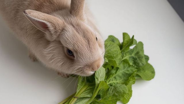 Light tan rabbit nibbling fresh leafy greens on white tabletop
