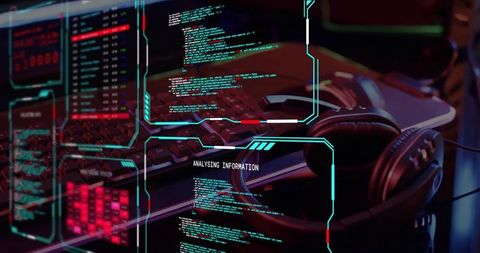 Resting headset cyberpunk workstation displaying hud code overlay analyzing information