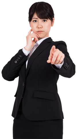 Transparent businesswoman pointing finger on white background