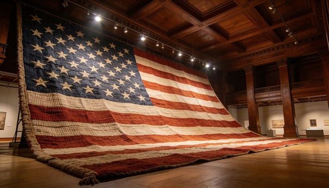 Monumental quilted american flag draping across museum gallery with braided rope border