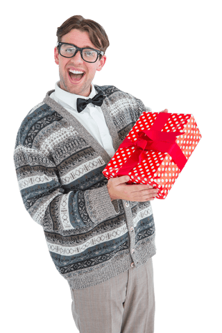 transparent nerdy hipster in patterned sweater holding gift box smiling - Download Free Stock Videos Pikwizard.com