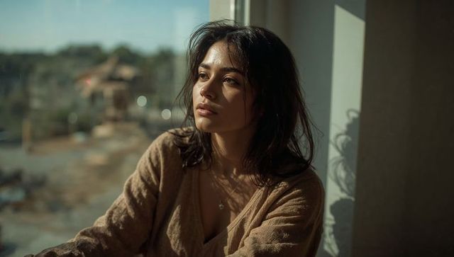 Sunlit woman gazing through window, pensive, brown knit sweater, natural light portrait