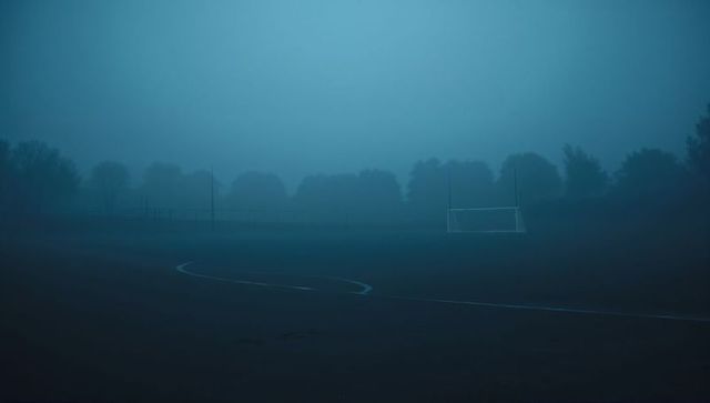 Moody foggy soccer goal with curved field marking on empty pitch at blue dusk