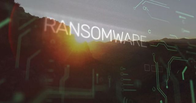 Ransomware Concept with Digital Circuits over Scenic Mountain Sunset