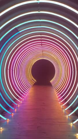 Gliding into neon ring tunnel with wooden floor showcasing vibrant LED rings vertical video